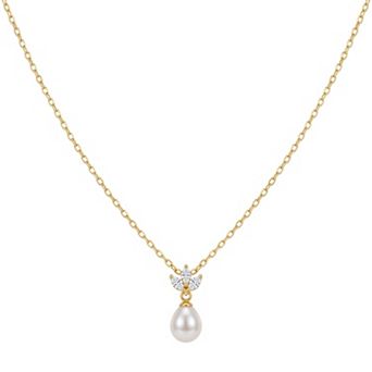 14K Gold Plated Dainty Simulated PearlCubic Zirconia Necklace