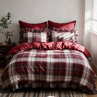 Ruffle Duvet Cover Set Winter Holiday Plaid Bedding with Pillow Sham