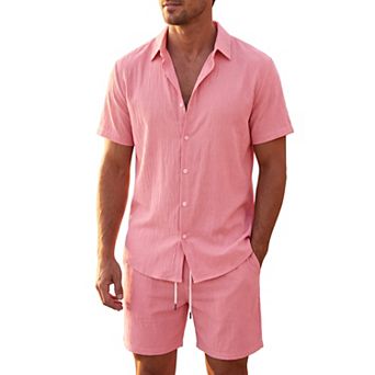 Men's 2 pc Set Outfits Short Sleeve Shirt and Drawstring Shorts