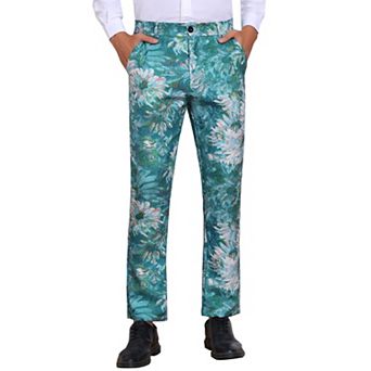 Men's Floral Pants Smart Casual Straight Leg Zipper Up