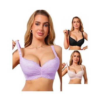 3 Packs Women's Lace Underwire Bra Full Coverage Lightly Padded Push Up Supportive Lingerie