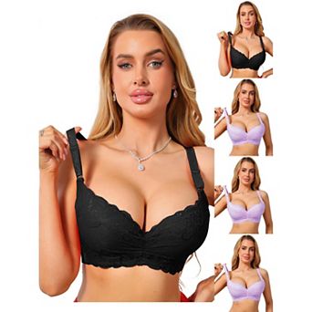 5 Packs Women's Lace Underwire Bra Full Coverage Lightly Padded Push Up Supportive Lingerie