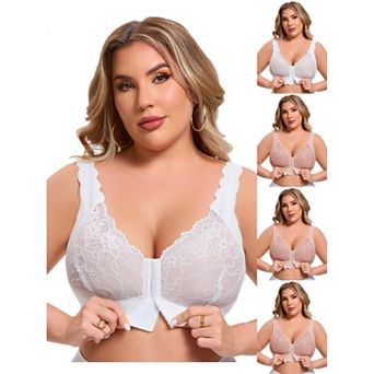 5 Packs Women's Front Closure Lace Bra Deep U Wire-Free Full Coverage Floral Scalloped Bralette