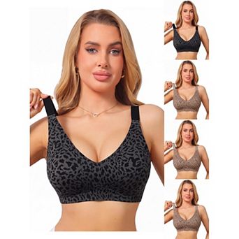 5 Packs Women's Leopard Print Deep V Bra Wireless Seamless Fixed Padding Soft Comfort Bralette