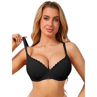 Women's Deep V Lace Trim Push Up Bra Underwire Strip Support Comfortable Everyday Lingerie
