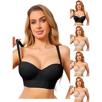 5 Packs Women's Lace Longline Strapless Bra Non-Slip Underwire Push Up Wide Band Convertible Bandeau