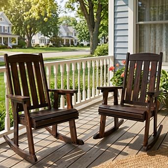 Wooden Patio Rocking Chair with Comfortable Backrest Inclination, High Backrest (Set of 2)