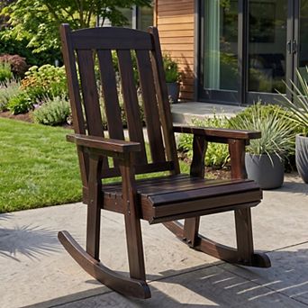 Wooden Patio Rocking Chair with Comfortable Backrest Inclination, High Backrest& Deep Contoured Seat