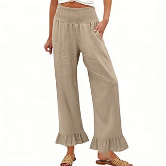 Women's Smocked High Waist Wide Leg Pants Ruffle Hem Casual Trousers with Side Pockets