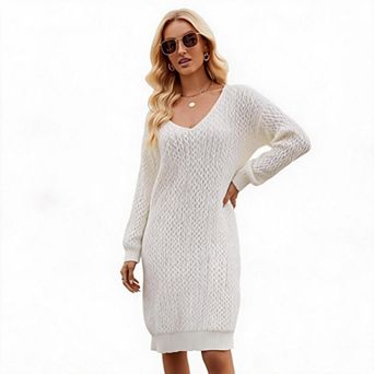 Women V‑Neck Cable Knit Midi Dress Long Sleeve Loose Fit Fall Winter Knit Pullover Dress