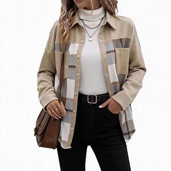 Women Plaid Patchwork Shacket Lapel Collar Button Down Long Sleeve Oversized Jacket