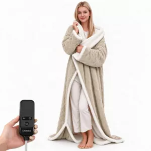 Wearable Heated Throw with Sleeves & Foot Pocket, Cozy Jacquard Sherpa Electric Heated Blanket