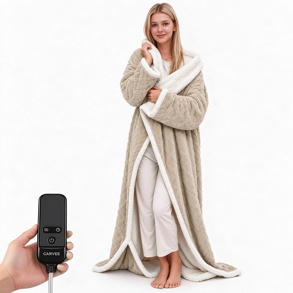Wearable Heated Throw with Sleeves & Foot Pocket, Cozy Jacquard Sherpa Electric Heated Blanket