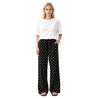 Women's High Waist Polka Dot Wide Leg Pants Drawstring Loose Casual Trousers with Pockets