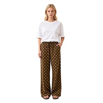 Women's High Waist Polka Dot Wide Leg Pants Drawstring Loose Casual Trousers with Pockets