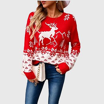 Christmas Sweaters for Women Reindeer Snowflake Holiday Ugly Knit Sweater Long Sleeve Pullover