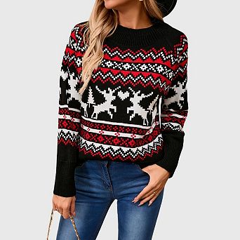 Womens Fair Isle Sweaters Vintage Ugly Christmas Snowflake Reindeer Crewneck Pullovers Tops