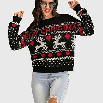 Women's Funny Ugly Christmas Knitted Sweaters Crewneck Reindeer Cropped Pullover for Holiday Party