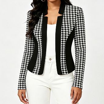 Women Open Front Blazer Houndstooth Print Contrast Trim Long Sleeve Fitted Work Office Jacket