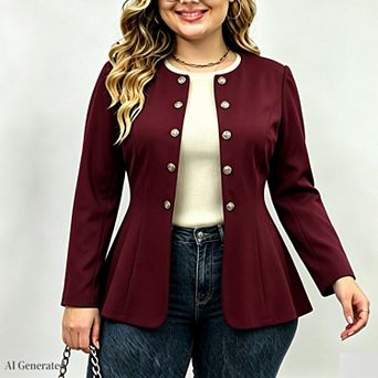 Women's Plus Size Round Neck Long Sleeve Double Breasted Blazer
