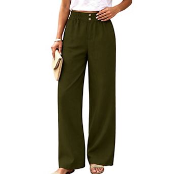 Women's High Waist Straight Leg Pants Button Decor Solid Loose Casual Trousers With Side Pockets