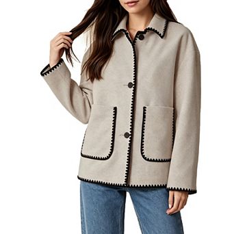 Women Lapel Coat Loose Fit Color Block Trim Button Down Jacket Casual Outerwear