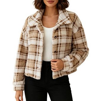 Women Cropped Fuzzy Fleece Jacket Lapel Button Down Plaid Coat Casual Long Sleeve Short Outerwear