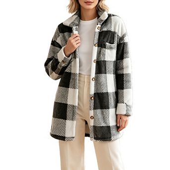 Women Plaid Fuzzy Fleece Coat Button Down Long Sleeve Casual Warm Outerwear for Fall Winter