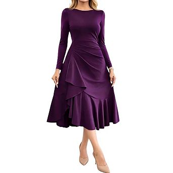 Women Formal Long Sleeve Solid Wedding Guest Elegant Cocktail Midi Dress