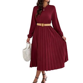 Women's Crewneck Long Sleeve Elegant Pleated Solid Color Pleated A-Line Loose Midi Dress