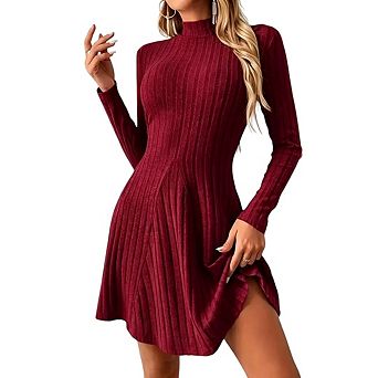 Women Ribbed Knitted Cute Mock Neck Mini Sweater Dresses