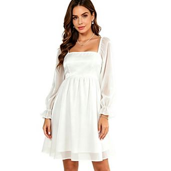 Women Square Neck Long Sheer Sleeve Flowy Party Mini Dress