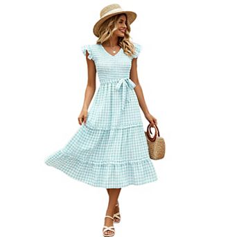 Women Ruffle Cap Sleeve Tiered A‑Line Dress with Waist Tie