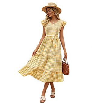 Women Ruffle Cap Sleeve Tiered A‑Line Dress with Waist Tie