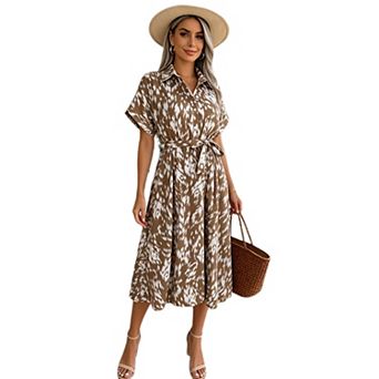 Women Collared Belted Button Down Flowy Shirt Dress