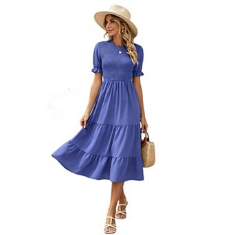 Women Smocked Midi Dress Ruffle Short Sleeve Flowy Casual Dress