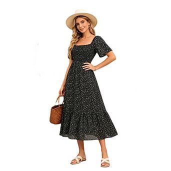 Women Floral Square Neck Flutter Smocked Long Dress