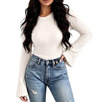 Women's Long Bell Sleeve Crewneck Knit Pullover Top Soft Casual Fall Daily Outfits