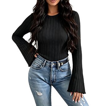 Women's Long Bell Sleeve Crewneck Knit Pullover Top Soft Casual Fall Daily Outfits