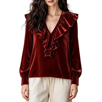 Womens Ruffle v Neck Velvet Blouses Casual Puff Long Sleeve Work Shirts Fall Formal Outfits Tops