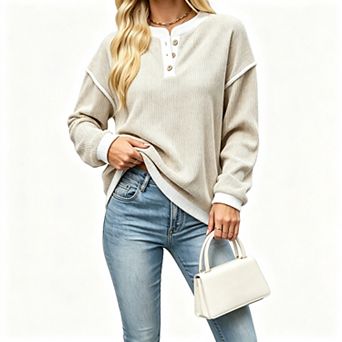 Women’s Contrast Trim Henley Waffle Knit Top, Long Sleeve Relaxed Fit Casual Pullover