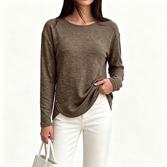 Women’s Crew Neck Side Button Tunic Top, Long Sleeve Curved Hem Heathered Casual Pullover