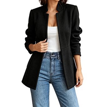 Women Open Front Stand Collar Blazer Long Sleeve Slim Fit Jacket Outerwear Coat