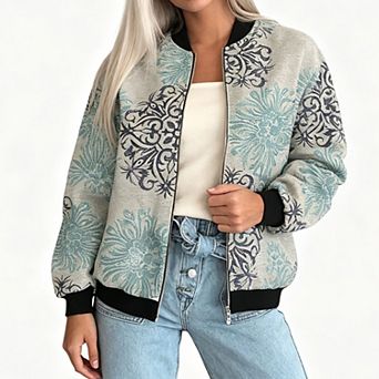Women Floral Print Zip‑Up Bomber Jacket, Long Sleeve Short Casual Lightweight Outer Coat