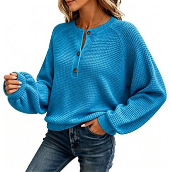 Women’s Waffle Knit Henley Pullover, Raglan Lantern Long Sleeve Casual Top