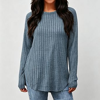 Long Sleeve Shirts for Women Fall Tunic Tops Loose Fit Dressy Crewneck Pullover Curved Hem Blouses