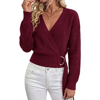 KOJOOIN Women's Wrap V‑Neck Knit Sweatshirt Metal Buckle Waist Solid Stylish Knit Top