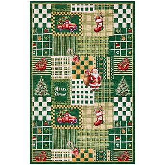 Christmas Santa Rug Patchwork Design Soft Non-Slip Machine Washable Holiday Carpet