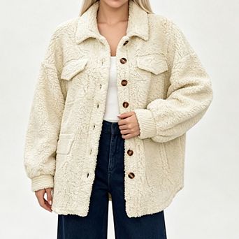 Women Faux Sherpa Shirt Jacket, Button‑Down Collared Thick Warm Casual Shacket Outer Coat