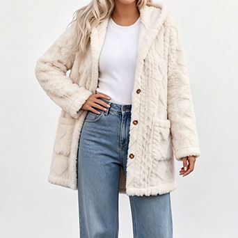 Women Reversible Fuzzy Fleece Hooded Coat, Button‑Front Mid‑Length Casual Open Cardigan Jacket